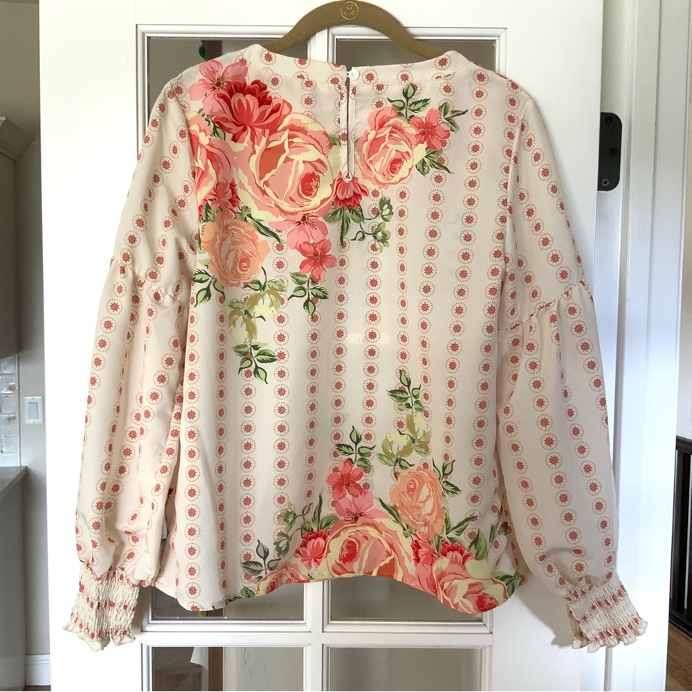 Floral Print Banded Neckline Long Bubble Sleeve Blouse Top NWT - Picture 8 of 12